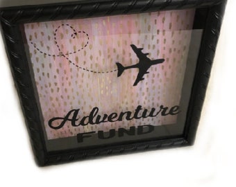 Adventure Fund Bank, Shadow Box, Display Box,  Travel,  Vacation Bank, Adventure Fund Shadowbox with Coin Slot, Graduations Gift