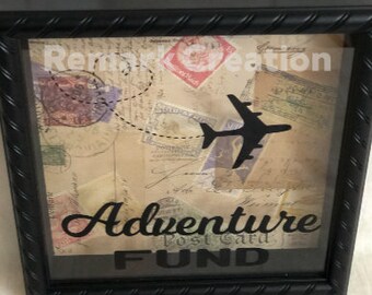 Adventure Fund Shadowbox with Coin Slot / Shadow Box / Display Box / Travel / Vacation / Coin Slot / Bank / Map