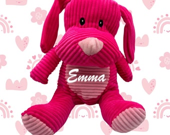 Personalized Pink Dog, stuffed animal gift,  baby shower gift, newborn,  new baby gift, Easter Basket gift, Valentine Gift, Plush Pink Dog