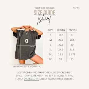 The image is a size guide for a t-shirt, showing the measurements and corresponding sizes for different body types.