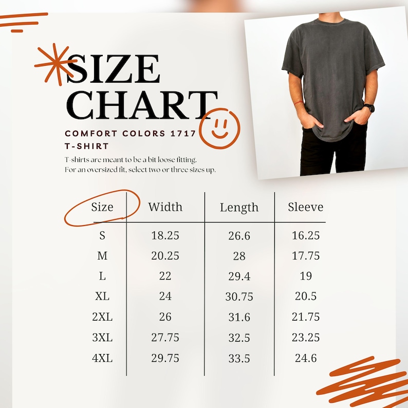 The image is a size chart for a T-shirt, providing measurements for different sizes.