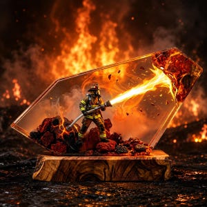 Puede incluir: Una escultura decorativa de resina que presenta a un bombero en miniatura con equipo de protección sosteniendo una manguera que emite una llama amarilla brillante, dentro de un bloque de resina angular transparente sobre una base de madera.