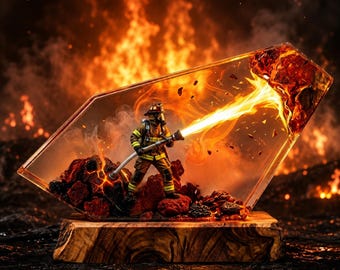 Firefighter Battles a Blazing Inferno: Wood Resin LED Diorama Lamp