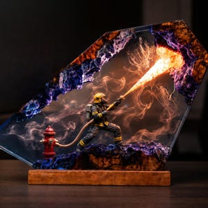 Handmade Firefighter Resin Table Lamp, Hero Fireman LED Night Light, Firefighter Gift for Him, First Responder Decor, Hero Firefighter Gift
