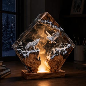 May include: A diamond-shaped resin and wood lamp featuring a snowy mountain landscape with a white wolf howling and a snowy owl in flight. The scene includes miniature pine trees and icicles, illuminated from below with a warm golden light.