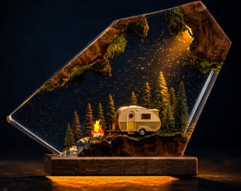 Lámpara de resina para camping, luz nocturna para caravana, regalo para amantes de las autocaravanas, lámpara de resina para fogata, decoración para camping en el bosque, lámpara de epoxi hecha a mano
