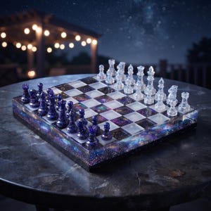以下が含まれることがあります： 深い紫、青、黒の銀河をテーマにした表面にグリッターのアクセントが施された正方形のチェスセット。チェスの駒は、透明なセットと、銀河をイメージした仕上げのダークパープルのセットで構成されています。