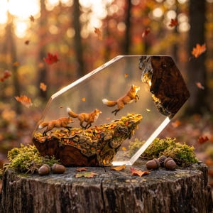 May include: A hexagonal resin block containing a piece of dark wood, green moss, and three miniature fox figurines. Two foxes are running along the wood surface while one fox leaps through the air. The piece is set on a tree stump with acorns.