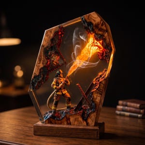 May include: A decorative resin and wood sculpture featuring a firefighter in tan protective gear holding a hose. A stream of bright orange and yellow light emerges from the hose, surrounded by translucent resin with dark, charred wood edges.