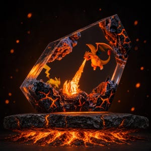 Pode incluir: Um diorama de resina com um Pikachu amarelo e um Charizard laranja a cuspir fogo, encapsulados num bloco geométrico transparente. A cena inclui formações rochosas escuras e irregulares com veios de lava laranja brilhante.