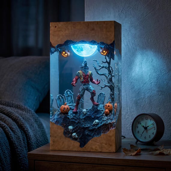 A hand-cast epoxy resin lamp with a howling werewolf silhouetted against a glowing full moon — the kind of moody, sculptural night light you genuinely can't find in a store.