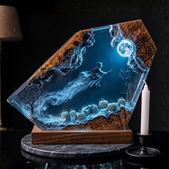 A flying witch suspended over a glowing epoxy moon carved into real wood — it's a desktop diorama and mood lamp rolled into one spooky art piece.