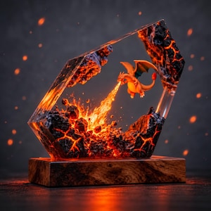 May include: A hexagonal resin sculpture featuring an orange dragon-like creature breathing fire onto a bed of dark, jagged rocks with glowing orange lava veins. The entire scene is encased in clear resin and mounted on a rectangular wooden base.