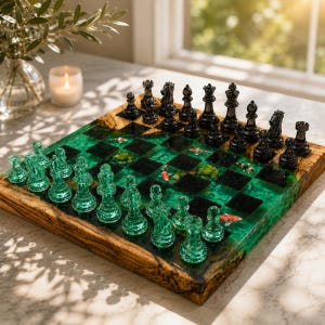 Könnte beinhalten: Ein Schachspiel mit einem Brett aus Naturholz und durchscheinendem grünem Harz, in das Koi-Karpfen und Moosakzente eingearbeitet sind. Das Set enthält ein Set aus durchscheinenden grünen Glasfiguren und ein Set aus dunklen Metallfiguren.