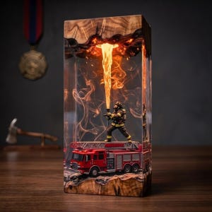 Puede incluir: Una lámpara rectangular de madera y resina transparente que presenta un camión de bomberos rojo en miniatura y una figura de bombero de pie sobre él. La escena está iluminada desde el interior, creando un efecto de llamas naranjas.