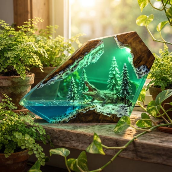 A hand-poured epoxy resin lamp with a crocodile frozen in a winter river diorama — it's basically a miniature snow-globe world you can turn on.