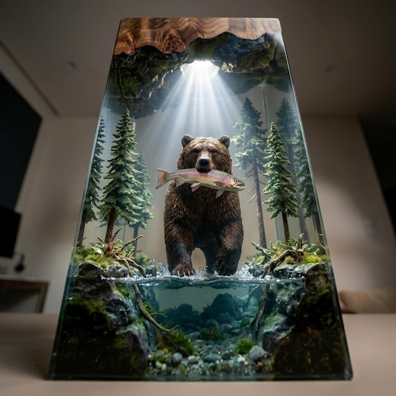 A hand-poured resin lamp encasing a bear catching a trout mid-stream — functional night light meets diorama art that looks straight out of a national park gift shop fever dream (in the best way).
