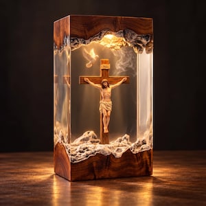 May include: A rectangular lamp featuring a wooden base and top with a clear resin centre. Inside the resin, a wooden cross with a figure of Jesus and the text INRI is suspended above a white rocky base, accompanied by a white dove and internal light.