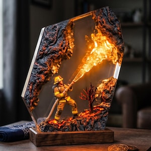 Puede incluir: Una lámpara decorativa de resina con un bombero en miniatura con equipo de protección color canela, sosteniendo una manguera que emite una luz naranja brillante. La escena está encerrada en un bloque de resina transparente con bordes oscuros.