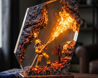 Handmade Firefighter Resin Lamp, Hero Fireman LED Night Light, Firefighter Gift for Him, First Responder Decor, Hero Firefighter Dad Gift