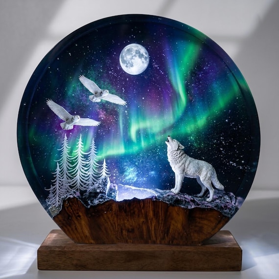 Wolf Resin Lamp, Snowy Owl Night Light, Full Moon Aurora Borealis Epoxy Wood Art, Winter Forest Decor, Wildlife Gift