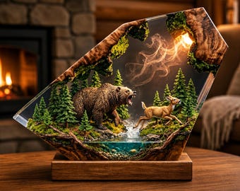 Handmade Bear Resin Lamp, Brown Bear & Deer Forest Night Light, Epoxy Wood Art, Wildlife Decor, Nature Lover Gift
