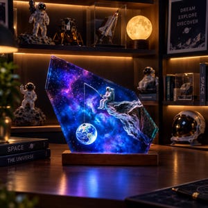 Może przedstawiać: Prostokątna akrylowa lampka z tłem przedstawiającym mgławicę w odcieniach fioletu i błękitu. Astronauta siedzi na skalistym klifie, trzymając wędkę skierowaną w stronę świecącej kuli ziemskiej, całość umieszczona na drewnianej podstawie.