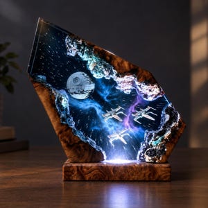 May include: A decorative lamp featuring a polished wood frame surrounding a translucent resin centre. The resin displays a space scene with the Death Star, three X-wing starfighters, and blue and purple nebula clouds illuminated from the base.