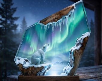 Lámpara de resina con forma de oso polar y auroras boreales, luz nocturna de aurora boreal hecha a mano, decoración invernal y de la fauna ártica.