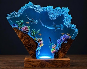 Handmade Shark Resin Lamp, Scuba Diver Ocean Night Light, Coral Reef Epoxy Wood Art, Deep Ocean Decor, Diving Gift for Him