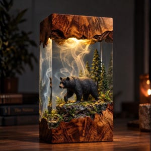 Peut inclure: Une lampe rectangulaire en bois naturel et résine transparente, présentant un ours noir miniature debout sur un terrain rocheux et moussu avec de petits conifères. L'intérieur est éclairé, diffusant une lueur chaude à travers des volutes de fumée.
