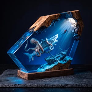 May include: A decorative resin and wood lamp featuring an underwater scene with a shark, an octopus, and a sunken ship. A small diver figure swims toward a light source at the top. The piece is encased in clear blue resin with natural wood edges.