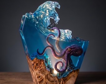 Lámpara LED de madera y resina con forma de pulpo, velero y ola oceánica esculpida, monstruo marino.