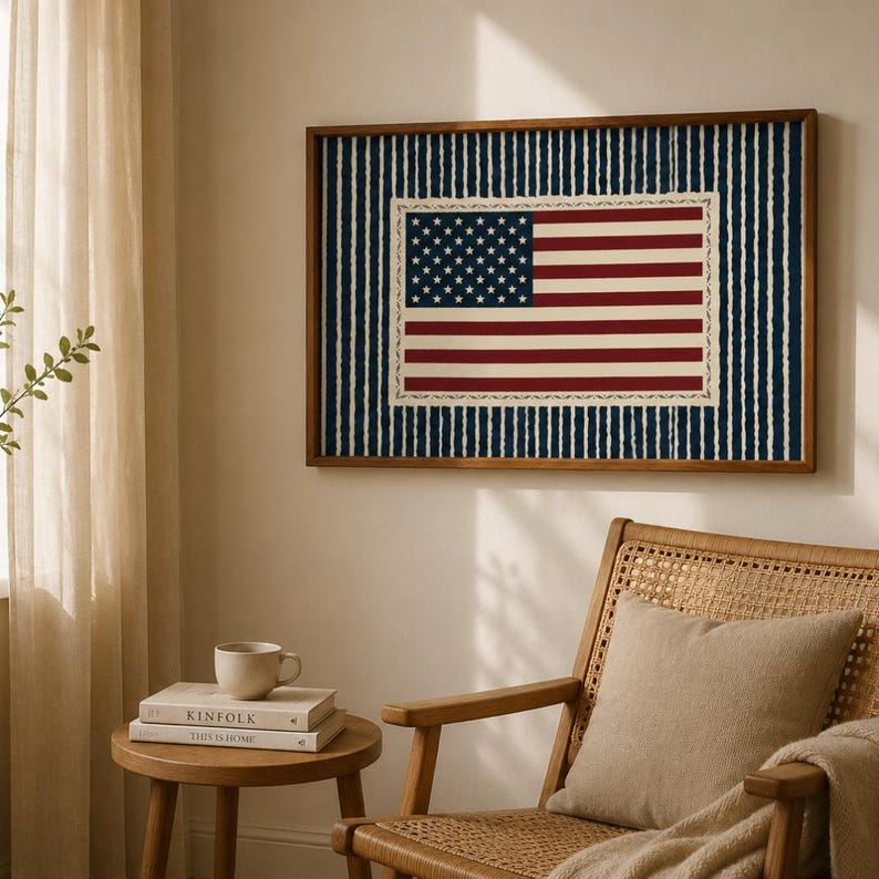 May include: A framed artwork featuring the American flag. The flag design is centered within a rectangular frame, with a border of vertical blue and white stripes. The flag itself has red and white stripes and a field of stars.