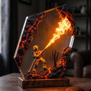 May include: A decorative lamp featuring a firefighter in yellow protective gear holding a hose that emits a bright orange light. The figure is encased in a clear resin block with dark, textured rock formations and glowing orange lava-like accents.