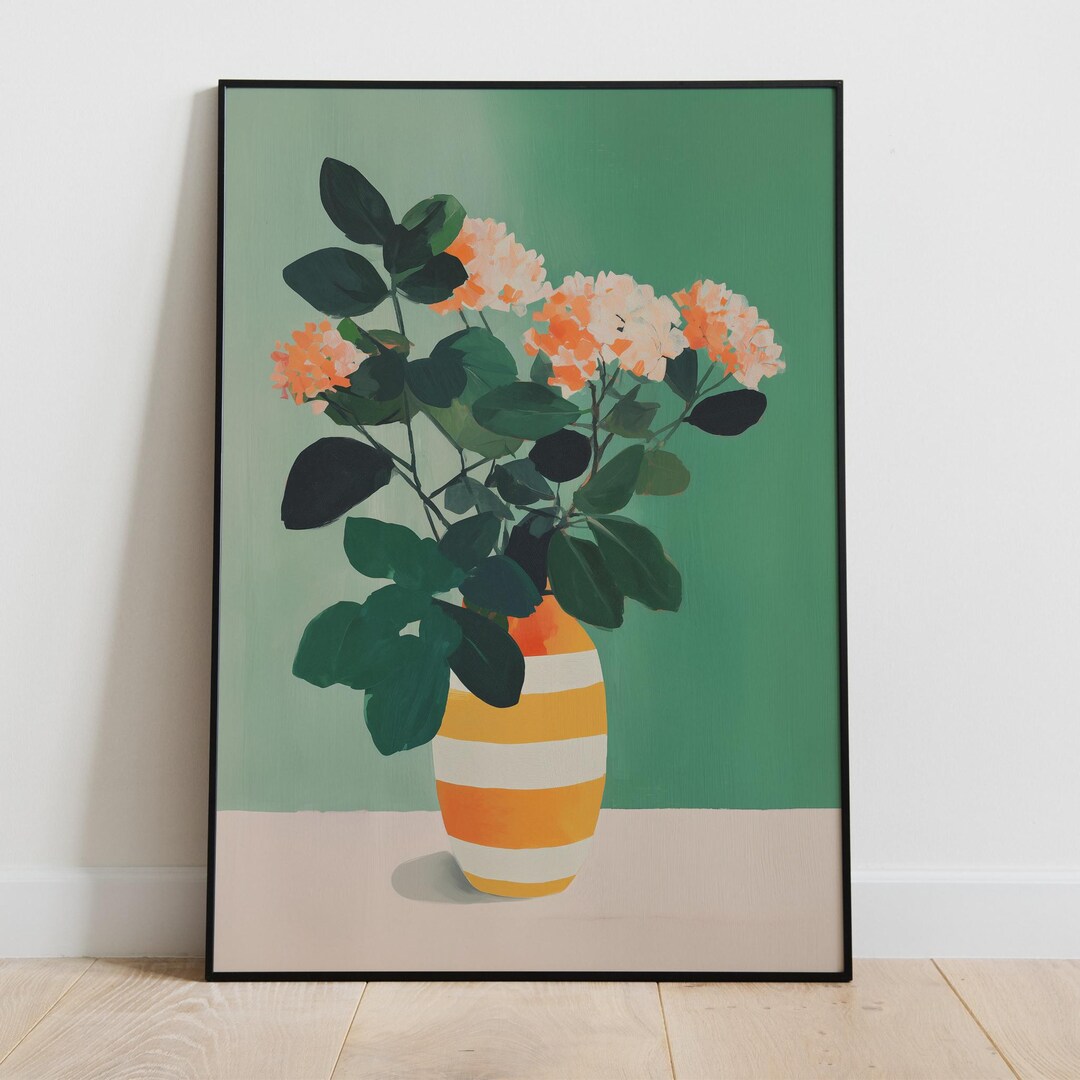 Orange Floral Vase Painting Printable Wall Art Green Botanical Decor - Etsy