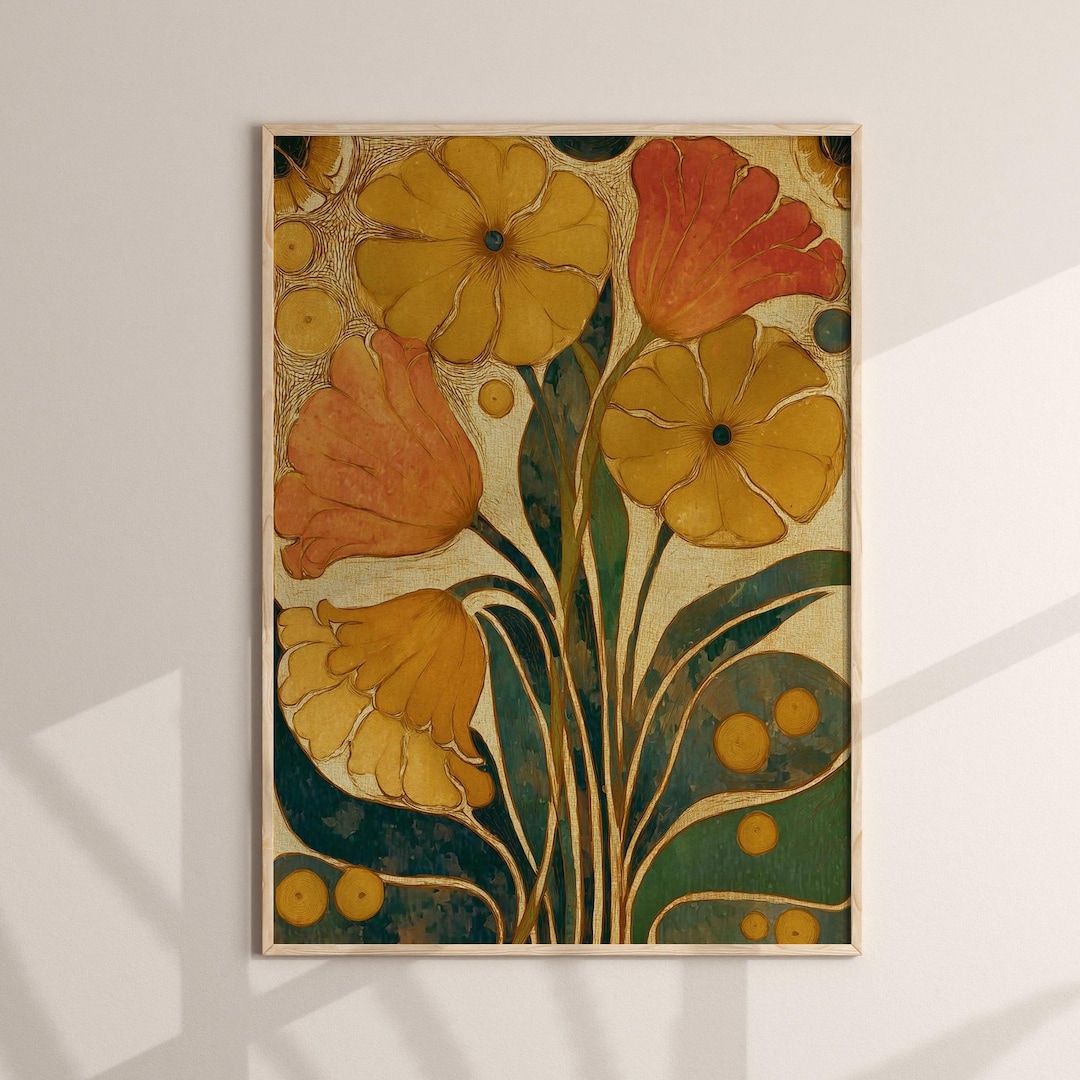 Retro Botanical Wall Decor Mustard Yellow Flower Poster Mid-century ...
