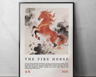 Poster dierenriem van het paard van het vuur | Muurkunst maannieuwjaar, Aziatische symbolische print