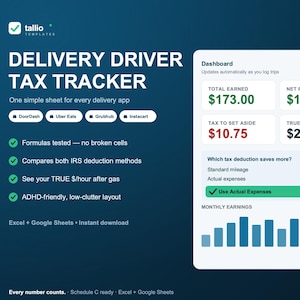 Könnte beinhalten: Eine digitale Tabellenvorlage mit dem Titel Delivery Driver Tax Tracker für Excel und Google Sheets. Die Benutzeroberfläche zeigt ein Dashboard mit Finanzkennzahlen wie Gesamtverdienst, Nettogewinn, zurückzulegende Steuern und Stundenlohn.