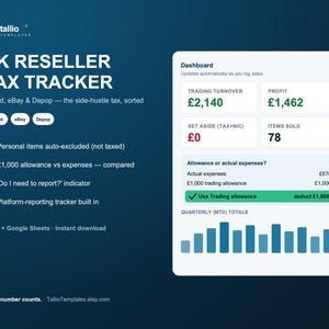 UK Reseller Tax Tracker Spreadsheet | Vinted eBay Depop Seller | HMRC Self Assessment Trading Allowance | Side Hustle Tax | Excel
