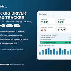 UK Gig Driver Tax Tracker Spreadsheet | HMRC Self Assessment | Uber Bolt Deliveroo Mileage & Expenses | MTD Ready | Excel Google Sheets