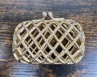 Gold-Ton-Gitter-Kuss-Verschluss Trinket Box Pill Etui Kleine Metall Kupplung