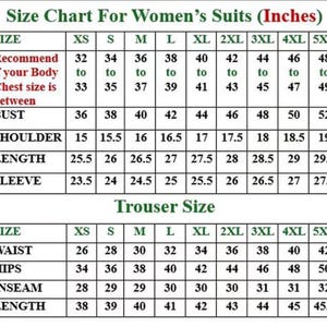 Puede incluir: Tabla de tallas para trajes de mujer en pulgadas, que detalla las medidas de busto, hombro, largo y manga. Tambi&eacute;n incluye medidas de talla de pantal&oacute;n. Tallas desde XS hasta 5XL.