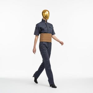 May include: A person in a dark blue jumpsuit with a brown belt and black heels, wearing a gold mask. The jumpsuit features visible stitching and pockets. The person is walking.