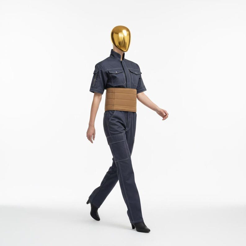 May include: A person in a dark blue jumpsuit with a brown belt and black heels, wearing a gold mask. The jumpsuit features visible stitching and pockets. The person is walking.