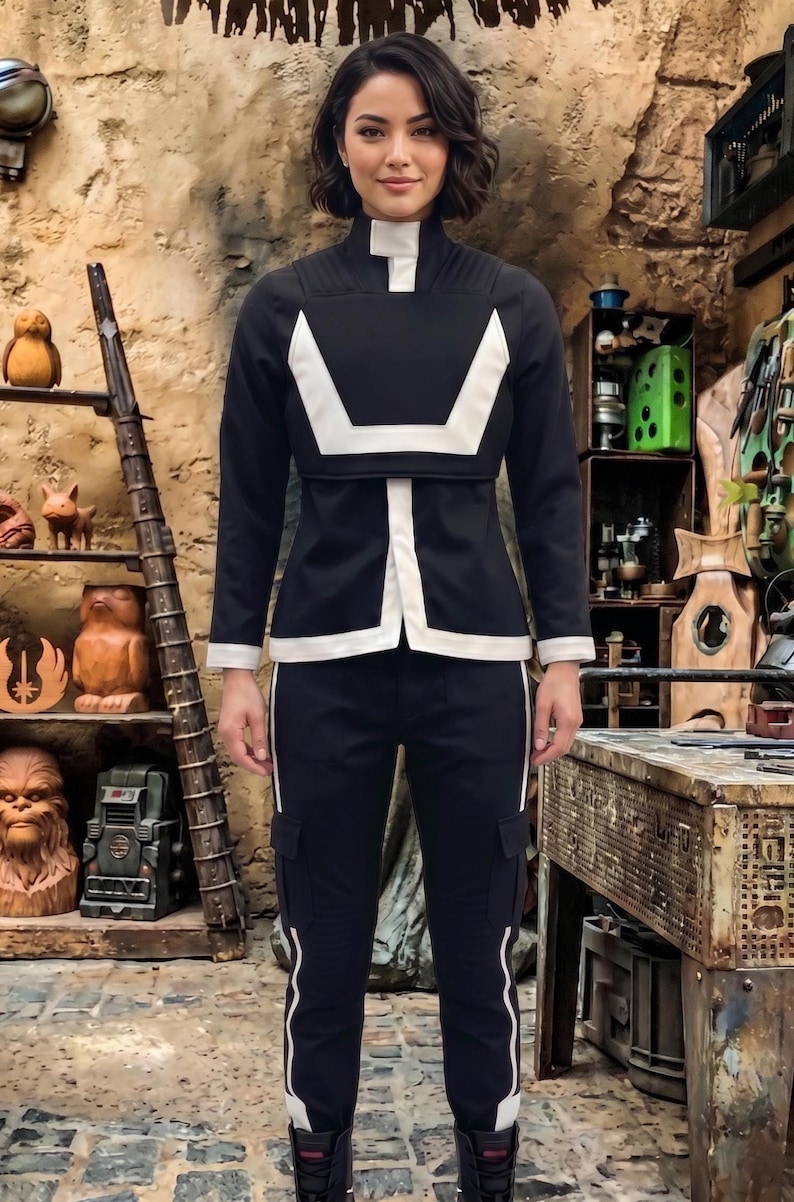 May include: A black long-sleeved jacket with a high collar and white trim, paired with matching black cargo pants featuring white side stripes. The jacket has a structured white panel across the chest and white cuffs, creating a uniform appearance.
