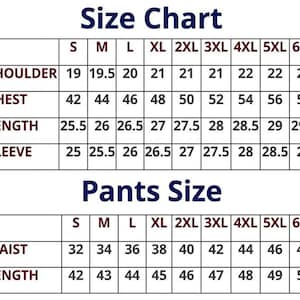 Op de afbeelding: Een maattabel voor kleding met twee tabellen met donkerblauwe koppen. De bovenste tabel bevat schouder-, borst-, lengte- en mouwmaten in inches voor de maten S tot 6XL. De onderste tabel toont de taille- en lengtematen voor broeken.