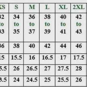 May include: A size chart table with columns for sizes XS through 5XL. Rows display measurements in inches for body chest size, bust, shoulder, length, and sleeve. The text reads: Recommend if your Body Chest size is between, BUST, SHOULDER, LENGTH, SLEEVE.