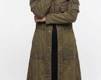 Women’s Olive Green Tactical Long Coat | Vintage Military Cotton Trench Overcoat, Field Officer Jacket for Steampunk & Cosplay