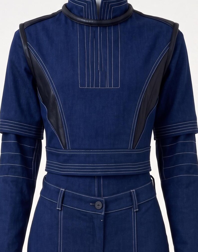 Op de afbeelding: Een donkerblauwe spijkerstof top en bijpassende broek met een hoge kraag met zwarte bies, witte contraststiksels en zwarte zijpanelen in lederlook. De top heeft korte mouwen over lange mouwen en de broek heeft een knoopsluiting.